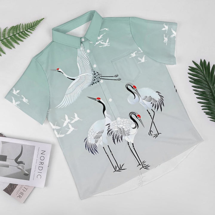 Gradient White Crane Art Casual Short Sleeve Shirt 2312000216