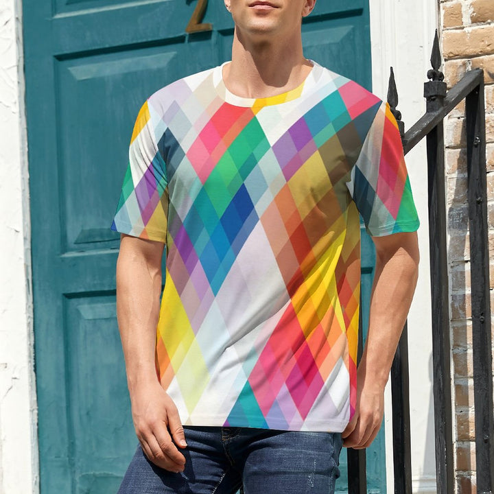 Men's Colorful Geometric Rhombus Crew Neck Casual T-Shirt 2401000041