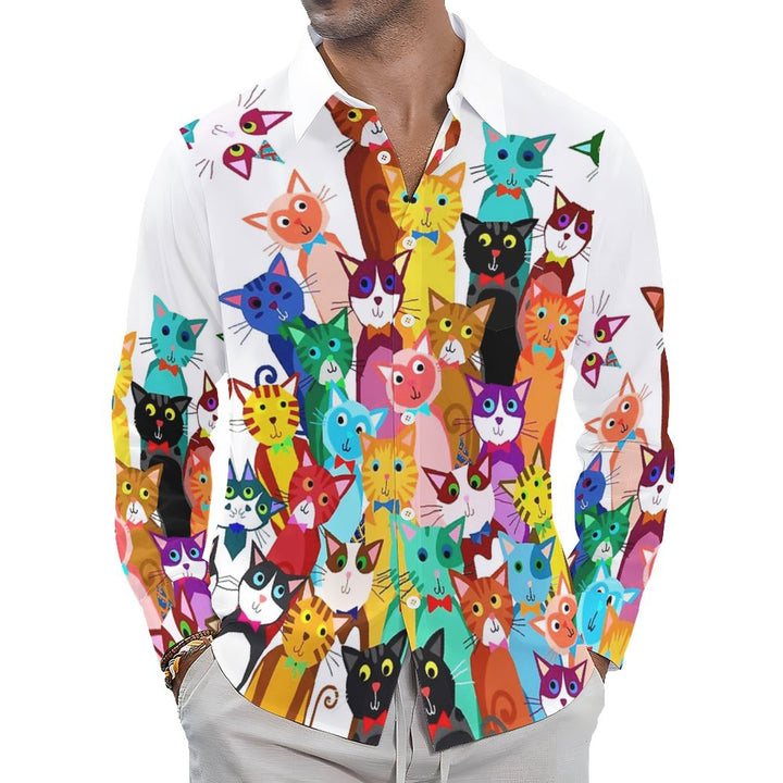 Men's Casual Colorful Cats Printed Long Sleeve Shirt 2312000343