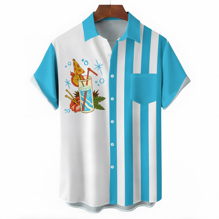 Retro Cocktail Blue Bowling Shirt Striped Cartoon Camping Pocket Shirt 2403000104