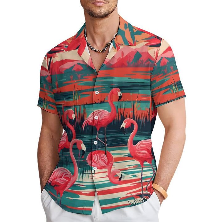 Men's Hawaiian Flamingo Casual Short Sleeve Shirt 2402000196