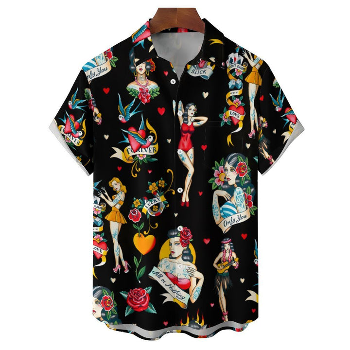 Men's Hawaiian Girls Rose Casual Short Sleeve Shirt 2401000277