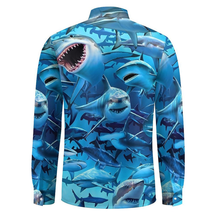 Men's Casual Shark Printed Long Sleeve Shirt 2401000052