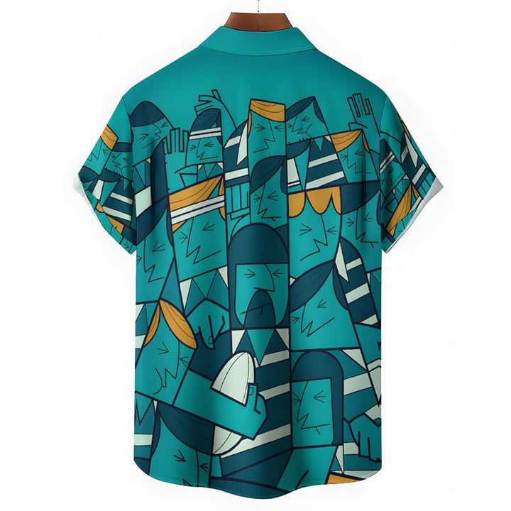Rugby Themed Geometric Print Casual Short Sleeve Shirt 2402000199