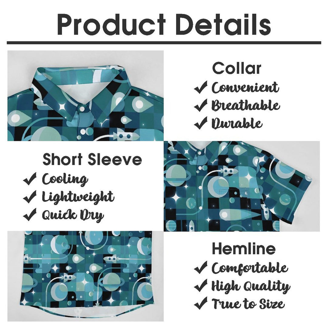 Planet And Rocket Geometric Print Casual Short Sleeve Shirt 2402000308