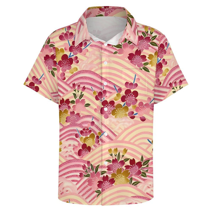 Men's Sakura Art Print Casual Short Sleeve Shirt 2402000321