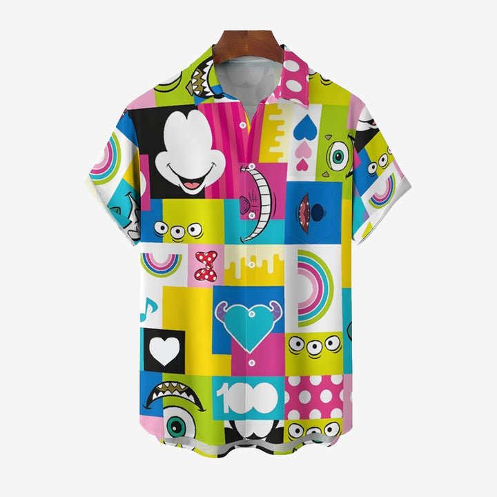 Cartoon Color Block Splicing Character Print Casual Short-Sleeved Shirt 2401000351