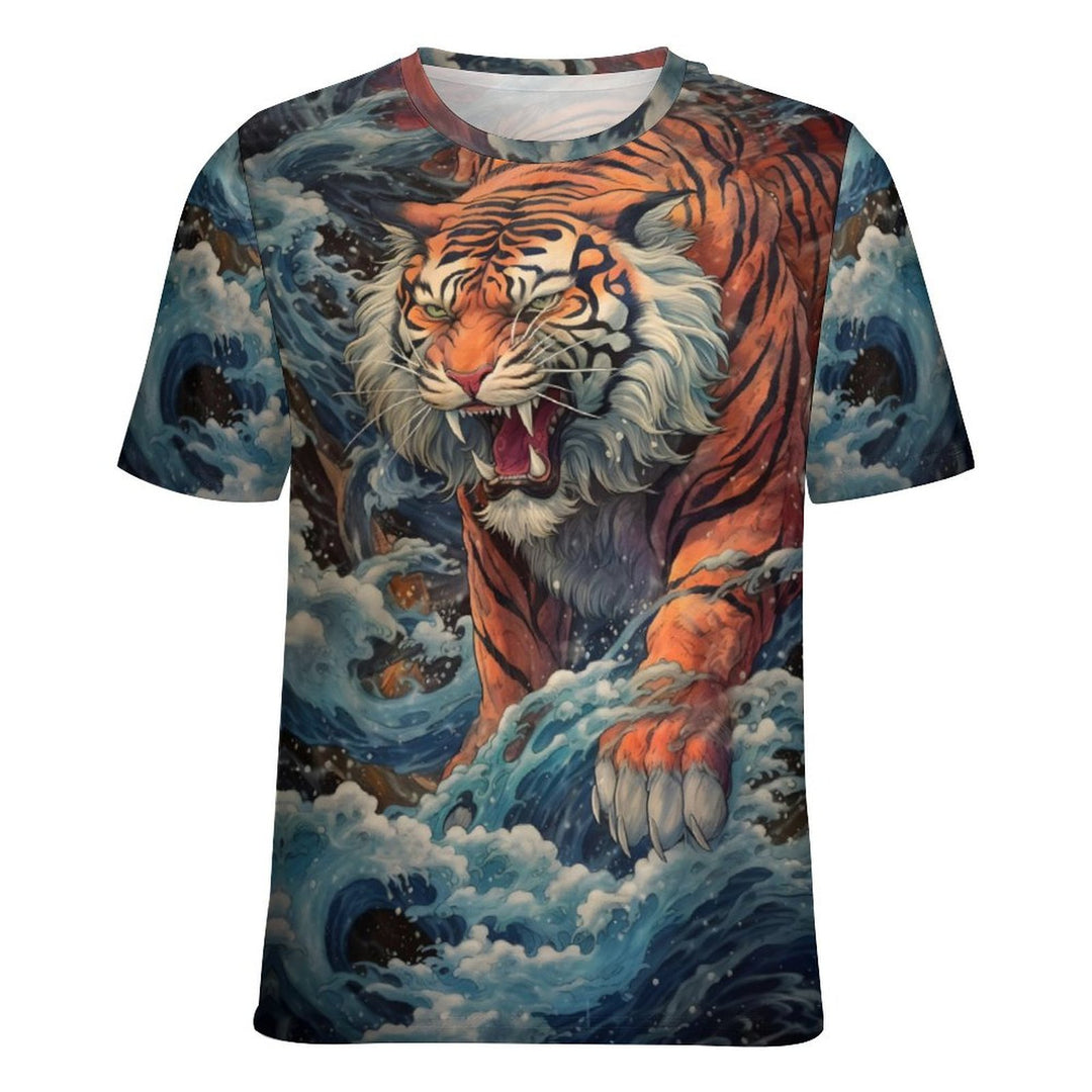 Men's Ukiyoe Art Style Tiger Crew Neck Casual T-Shirt 2402000102
