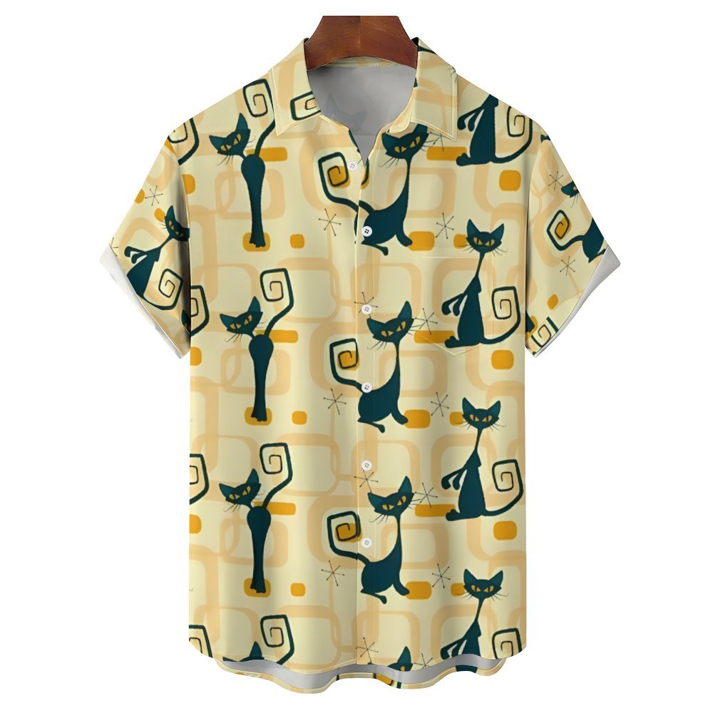 Geometric Cat Yellow Casual Short Sleeve Shirt 2402000144