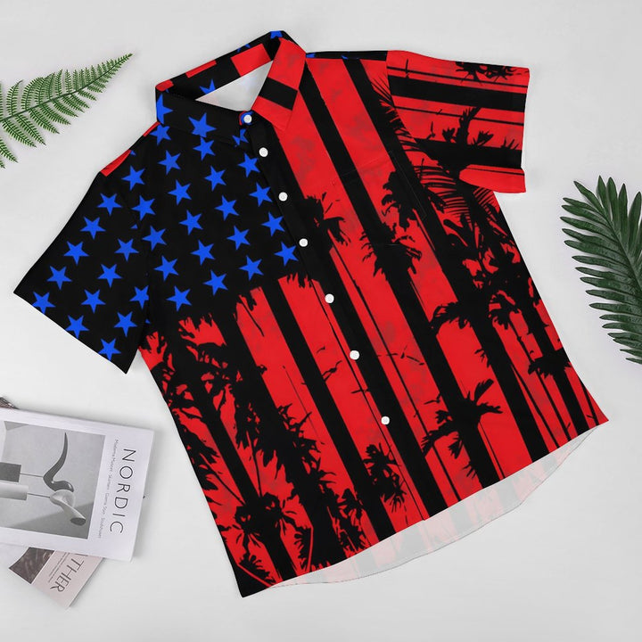 Flag Coconut Tree Chest Pocket Short Sleeve Casual Shirt 2312000516