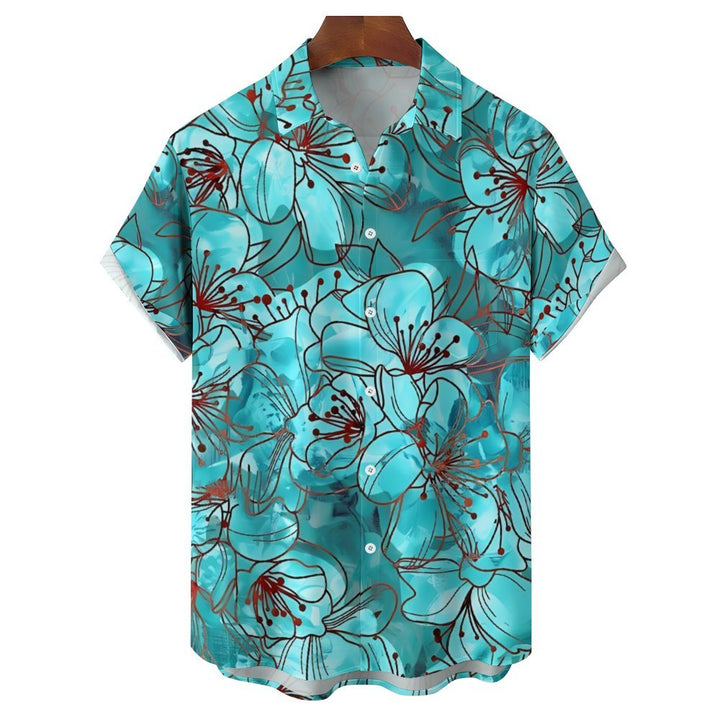 Men's Floral Blue Print Casual Short Sleeve Shirt 2402000229