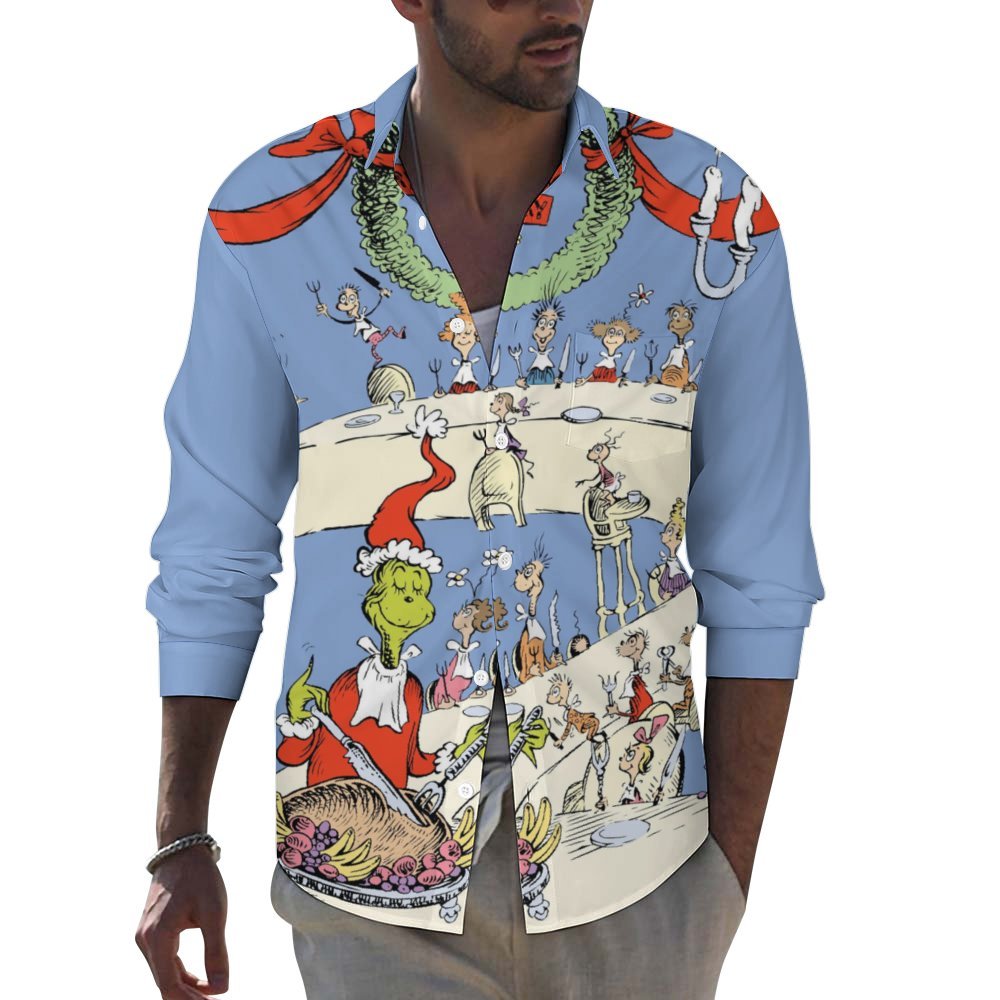 Men's Casual Cartoon Merry Christmas Printed Long Sleeve Shirt 2311000295