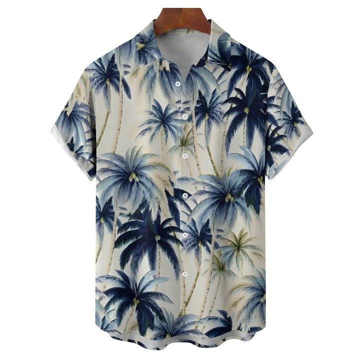 Beach Vacation Khaki Men's Hawaiian Shirt Vintage Coconut Tree Pocket Camping Shirt 2401000088