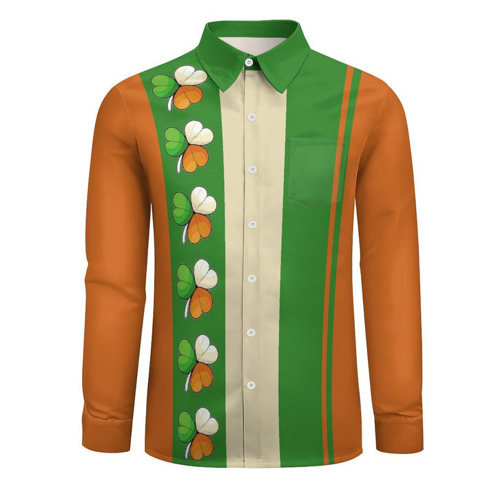 Men's Casual St. Patrick'S Day Shamrock Stripes Printed Long Sleeve Shirt 2401000163