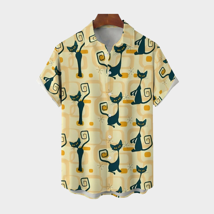 Geometric Cat Yellow Casual Short Sleeve Shirt 2402000144