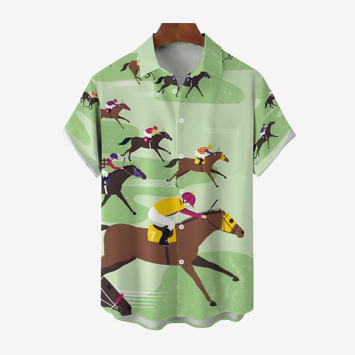 Horse Racing Theme Casual Short Sleeve Shirt 2402000006