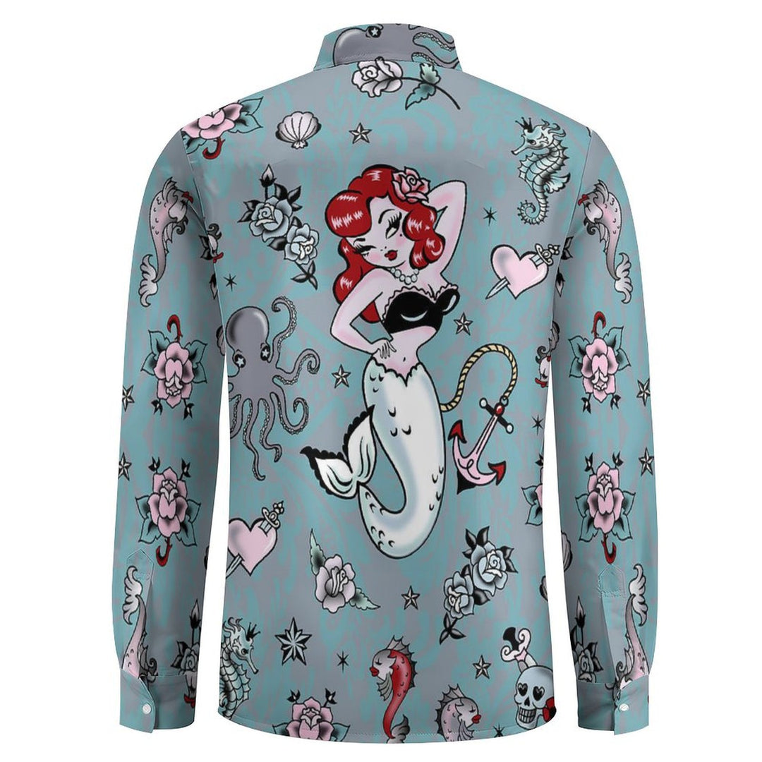 Men's Casual Mermaid and Sailor Printed Long Sleeve Shirt 2402000337