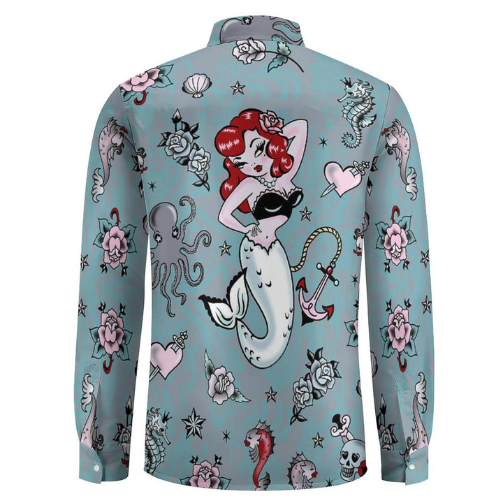 Men's Casual Mermaid and Sailor Printed Long Sleeve Shirt 2402000337