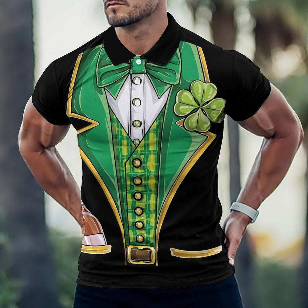 Men's Button-Down Short Sleeve St. Patrick's Day Shamrock Dress Print Polo Shirt 2401000176