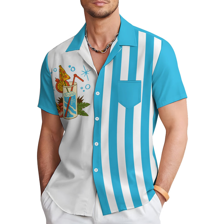 Retro Cocktail Blue Bowling Shirt Striped Cartoon Camping Pocket Shirt 2403000104