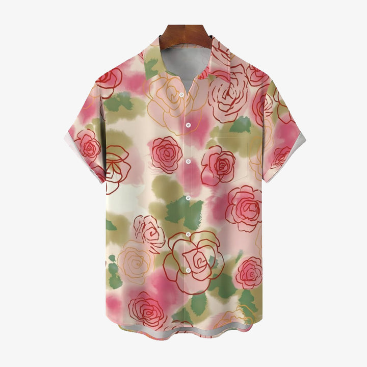 Artistic Rose Print Casual Short Sleeve Shirt 2402000317
