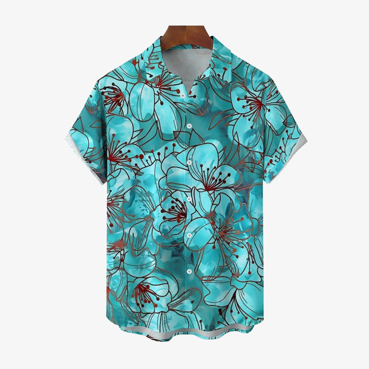 Men's Floral Blue Print Casual Short Sleeve Shirt 2402000229