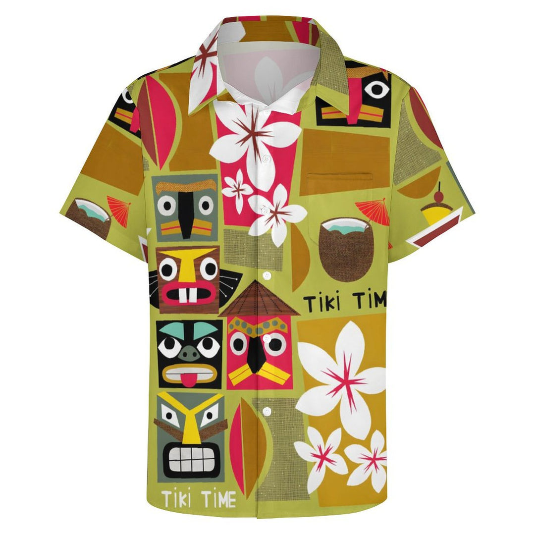 Vintage Tiki Geometric Floral Print Men's Button Pocket Short Sleeve Shirt 2402000166