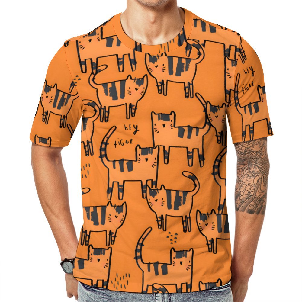 Men's Orange Cat Round Neck Casual T-shirt 2401000111
