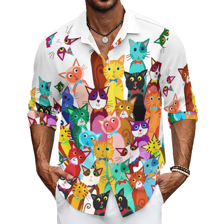 Men's Casual Colorful Cats Printed Long Sleeve Shirt 2312000343