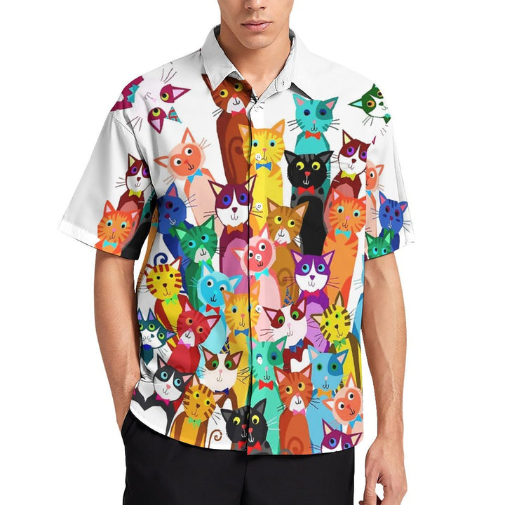 Men's Cartoon Cat Print Casual Fashion Short Sleeve Shirt 2307101539