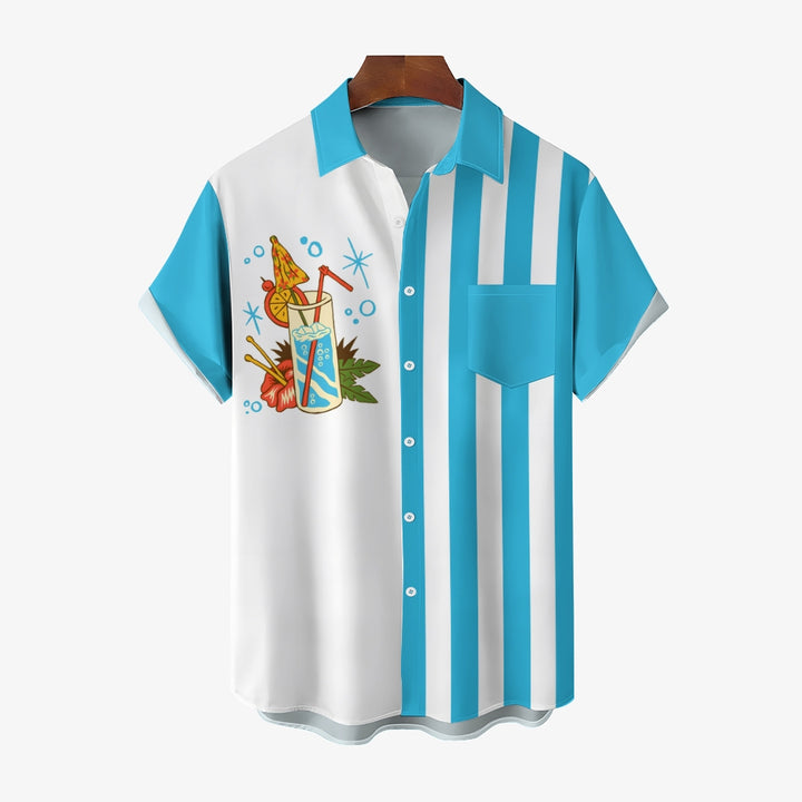 Retro Cocktail Blue Bowling Shirt Striped Cartoon Camping Pocket Shirt 2403000104