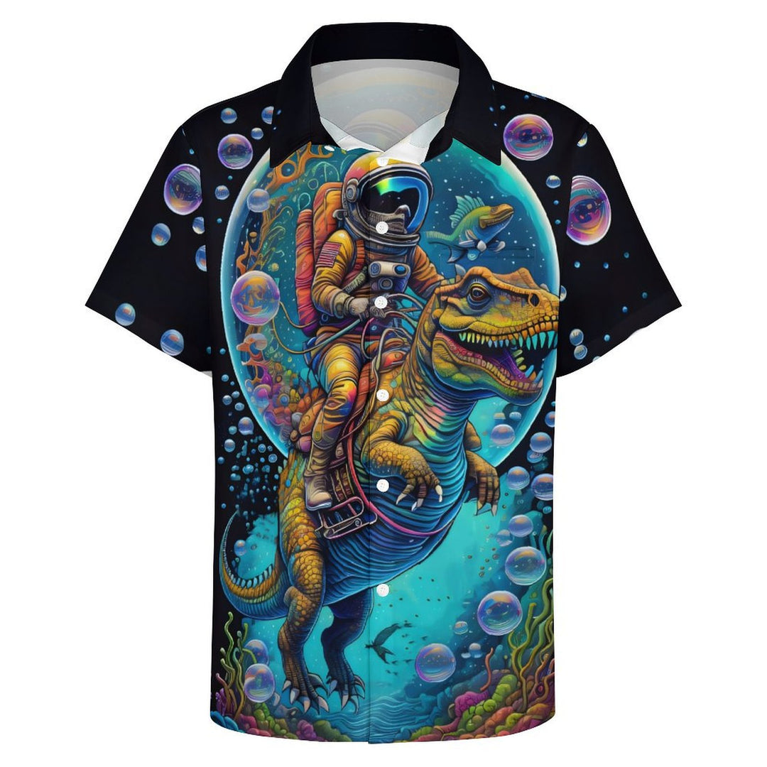 Men's Astronaut And Dinosaur Print Casual Short Sleeve Shirt 2402000282