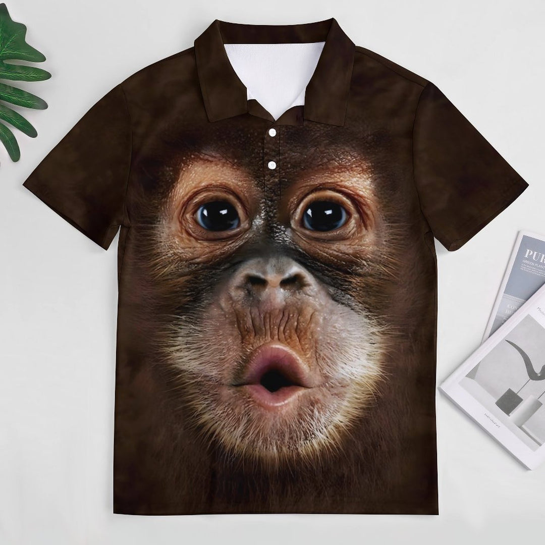 Men's Button Down Short Sleeve Exhaling Orangutan Printed Polo Shirt 2312000294