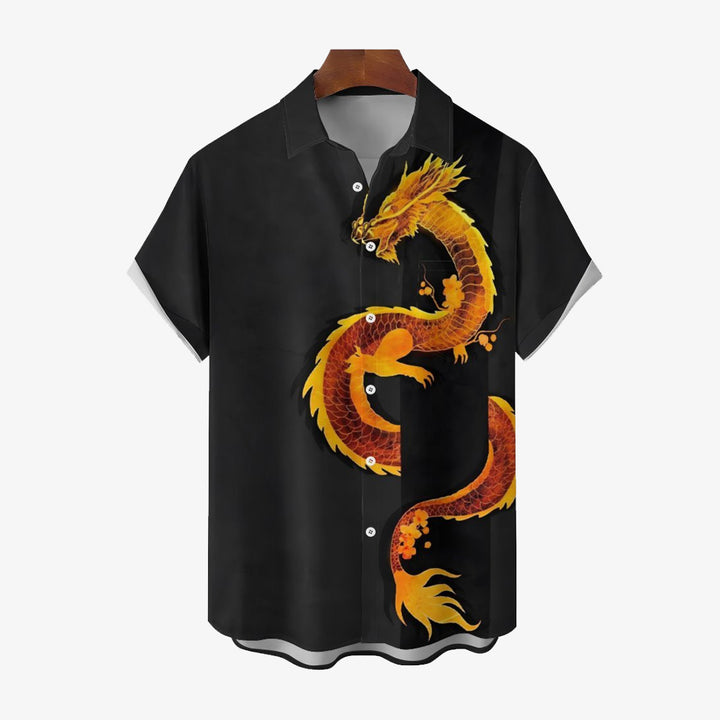 Gold Dragon Stripe Chest Pocket Casual Short Sleeve Shirt 2402000285