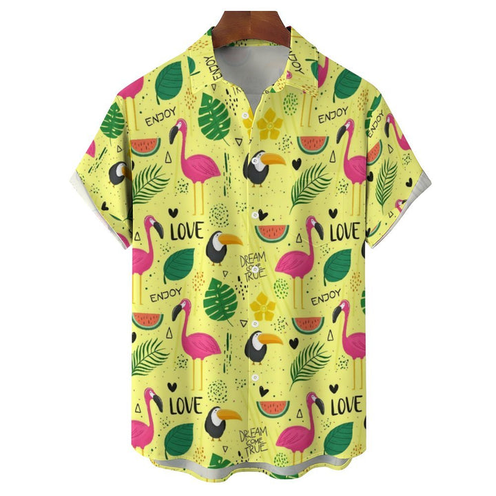 Men's Flamingo and Toucan Casual Short Sleeve Shirt 2402000349