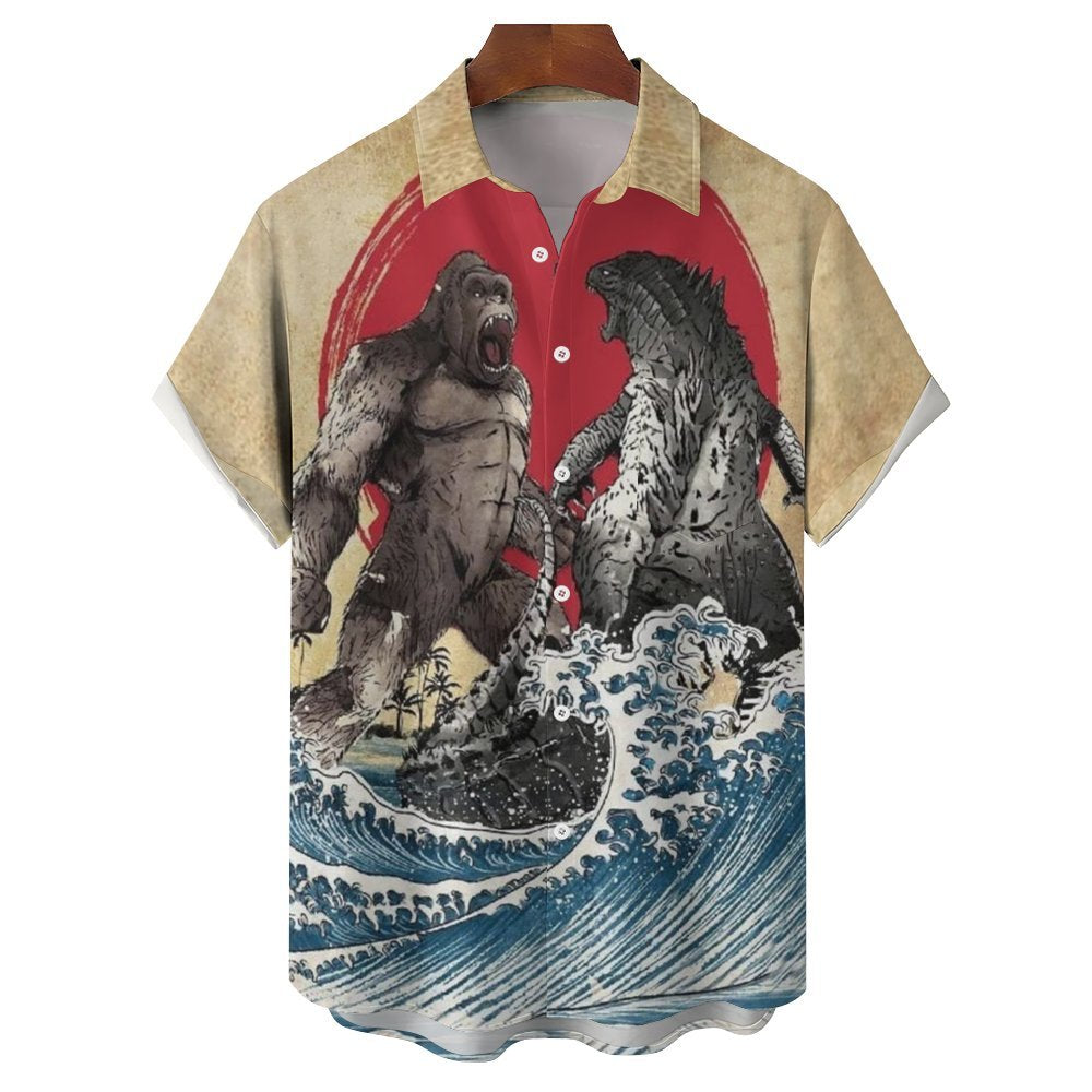 Men's Ancient Painting Ukiyo-E Godzilla Wars with Ocean Waves Short Sleeve Shirt 2311000391