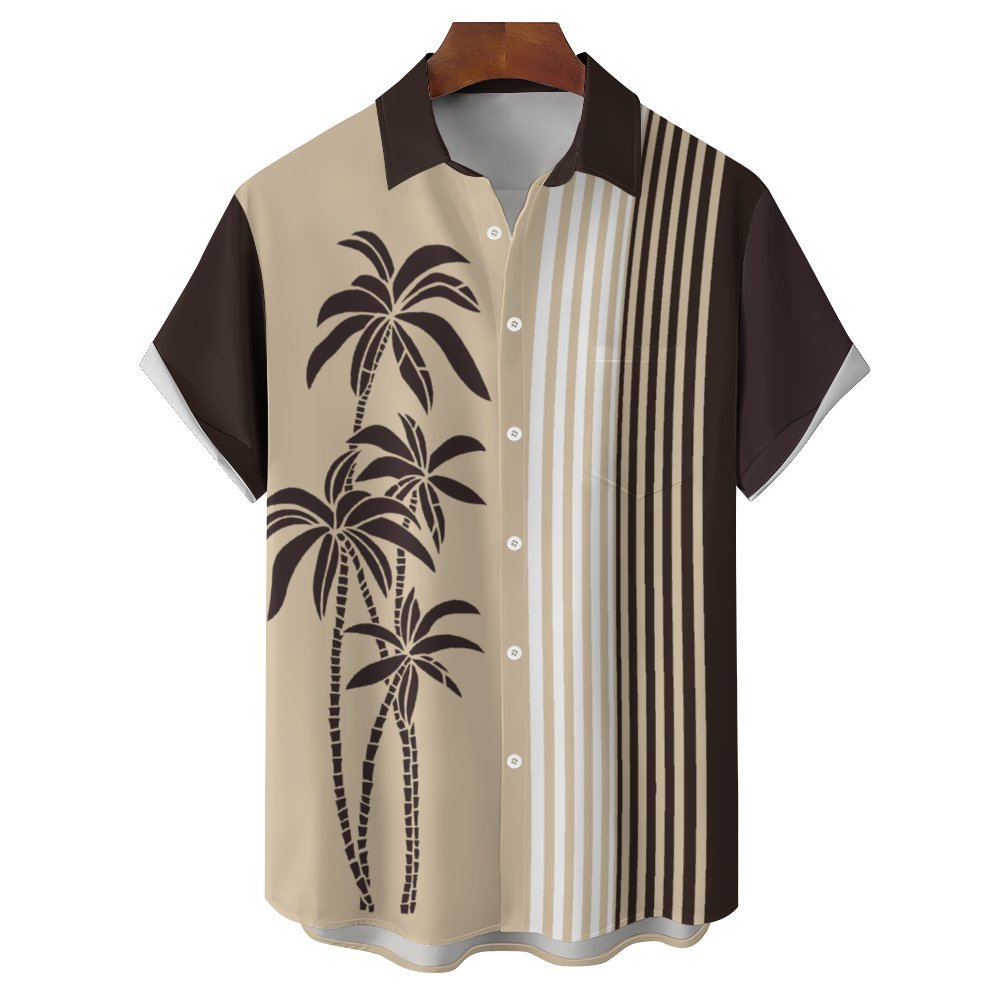 Men's Hawaiian Coconut Palm Stripes Casual Short Sleeve Shirt 2401000145