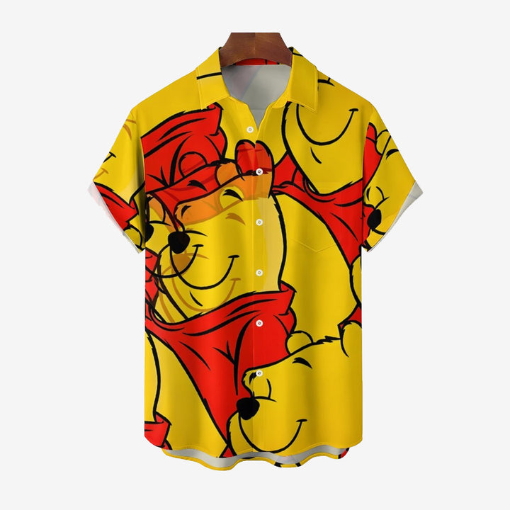 Men's Cartoon Bear Print Yellow Casual Short Sleeve Shirt 2401000343