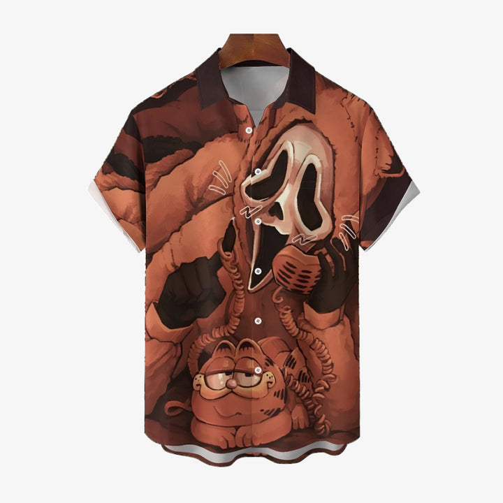 Death And Cat Print Casual Short Sleeve Shirt 2403000009