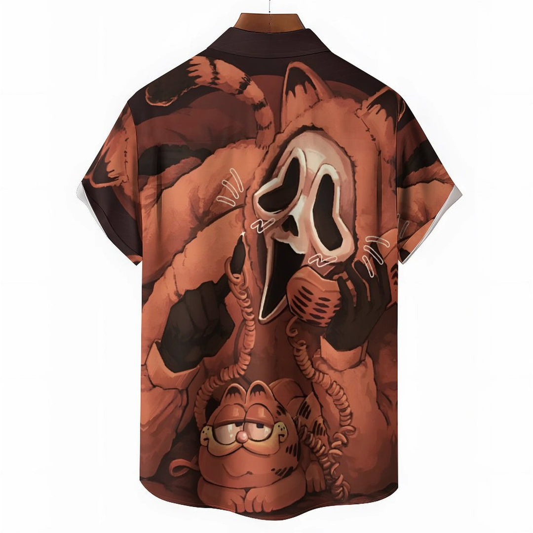 Death And Cat Print Casual Short Sleeve Shirt 2403000009