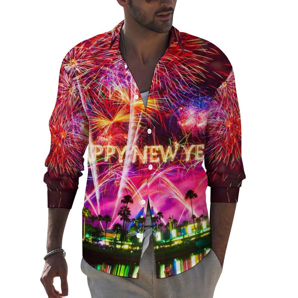 Men's Casual Happy New Year Fireworks Printed Long Sleeve Shirt 2311000297