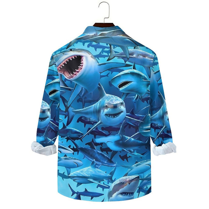 Men's Casual Shark Printed Long Sleeve Shirt 2401000052