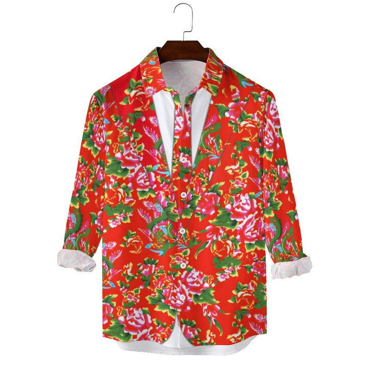 Men's Casual Red Floral Print Long Sleeve Shirt 2401000289