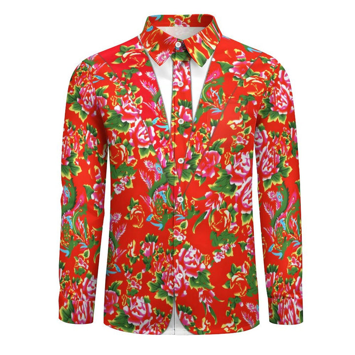Men's Casual Red Floral Print Long Sleeve Shirt 2401000289