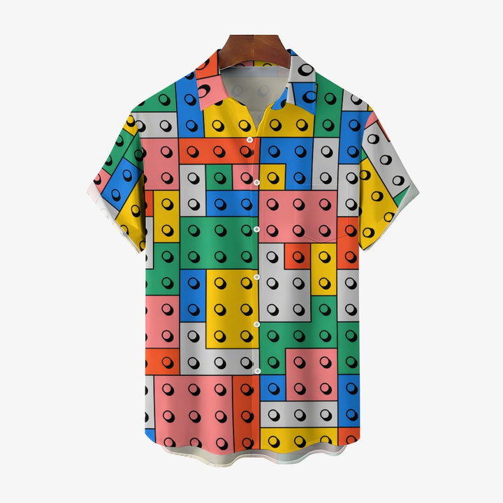 Men's Colorful Building Block Print Casual Short Sleeve Shirt 2403000146