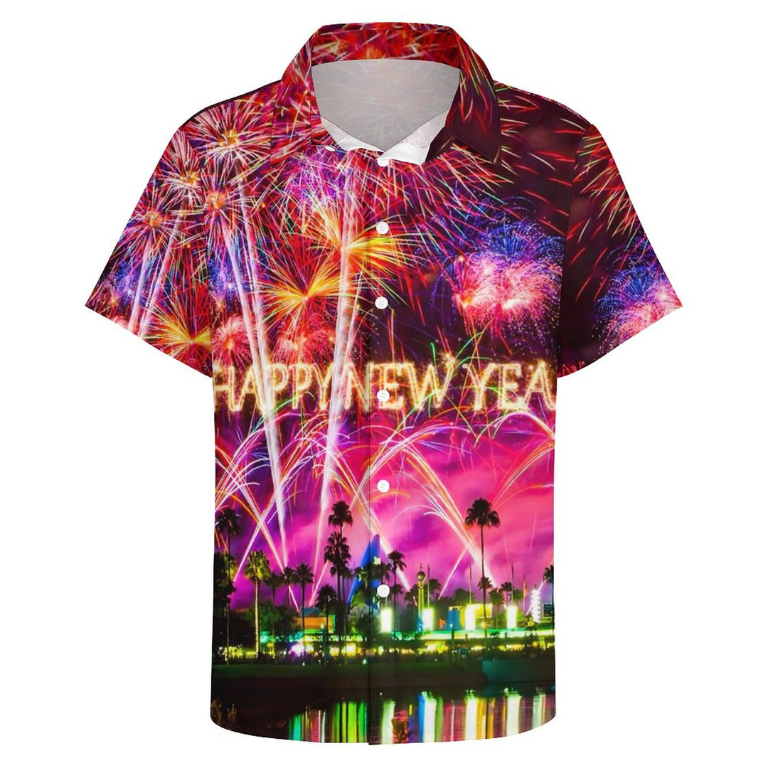 Happy New Year Holidays Men's Hawaiian Shirts Stretch Fireworks Fun Pocket Christmas Shirts 2311000192