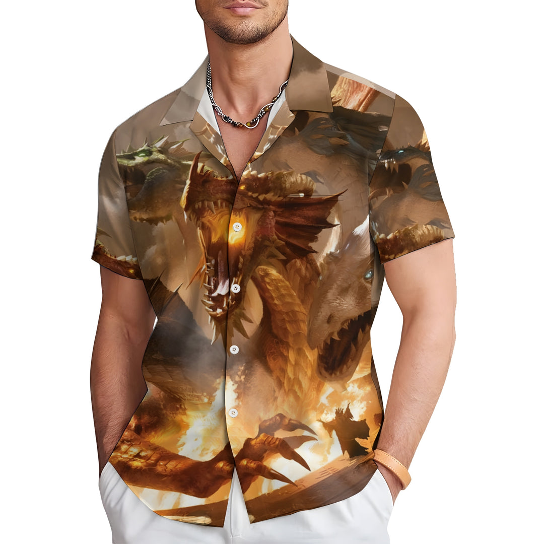 Men's Three Headed Dragon Print Casual Short Sleeve Shirt 2403000224