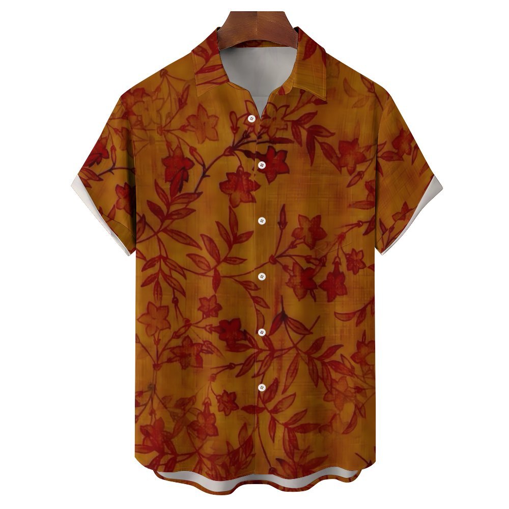 Retro Vine Flowers Casual Short Sleeve Shirt 2402000325