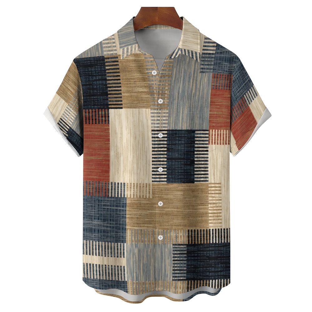 Men's Texture Patchwork Casual Short Sleeve Shirt 2402000132