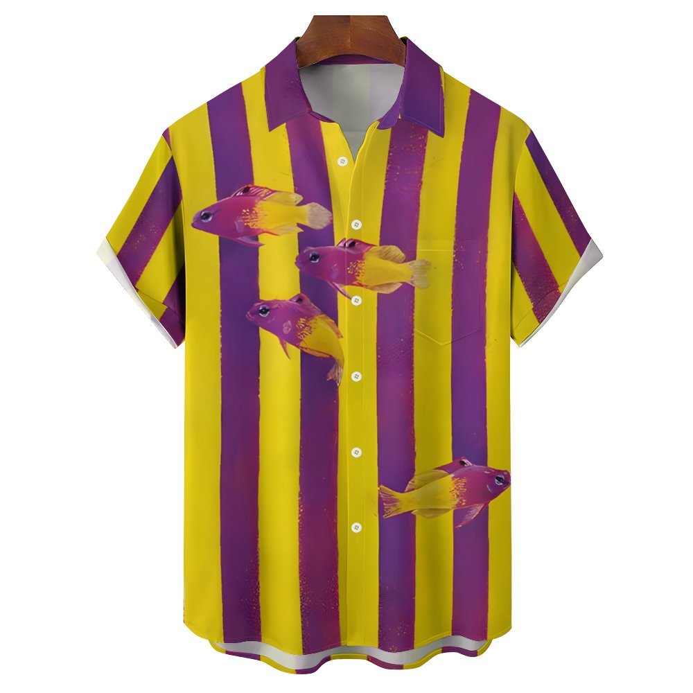 Men's Tropical Fish Stripes Casual Short Sleeve Shirt 2402000076